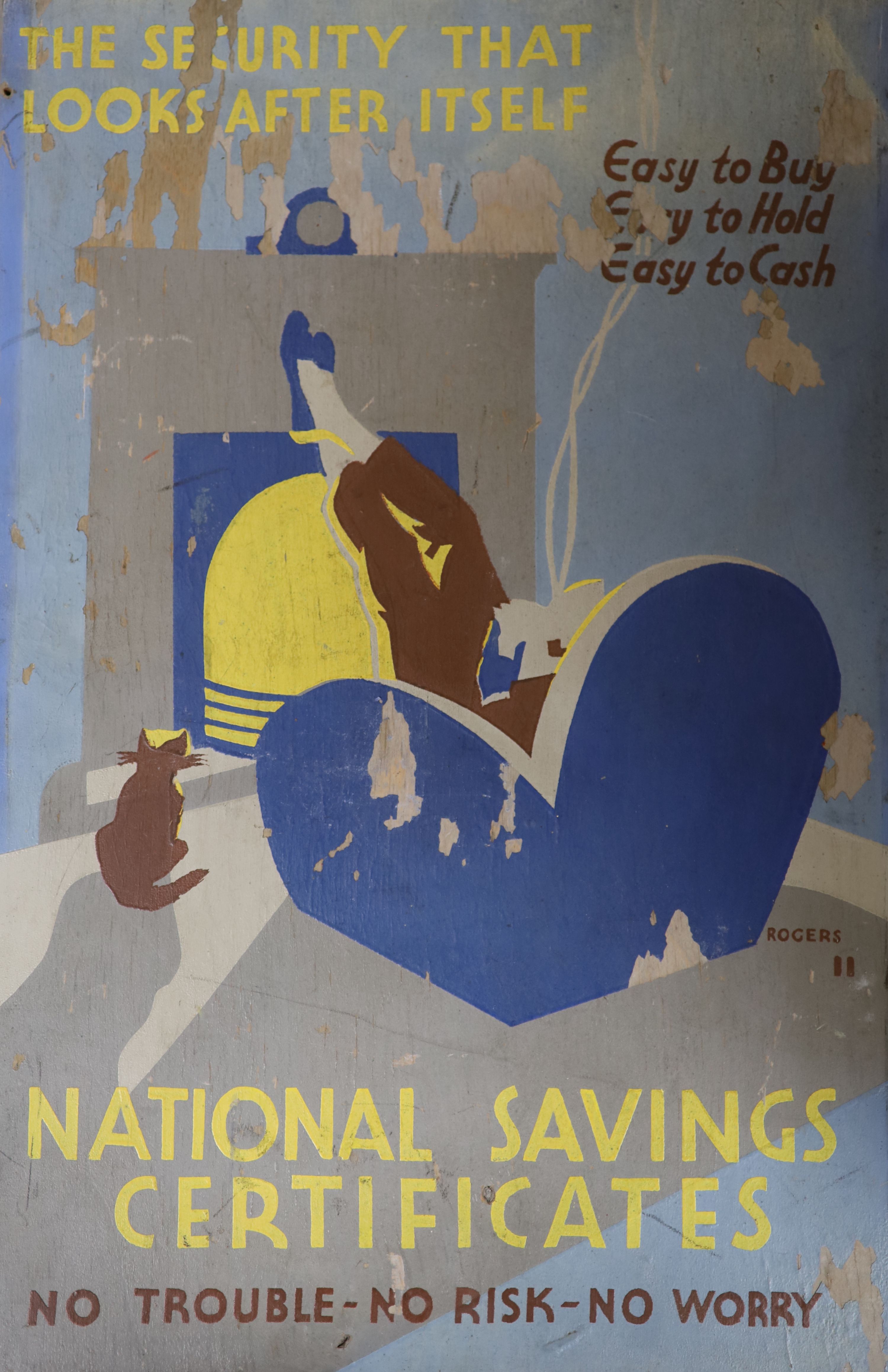 Rogers, oil on wooden panel, original artwork for National Savings Certificates poster, signed, 46 x 31cm, unframed